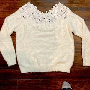 Sweet Lovely white super soft long sleeve sweater with thicker lace neckline